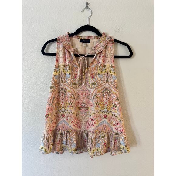 T Tahari Split Neck Ruffle Peplum Top XS Pink Cream Paisley Shirred Sleeveless - Picture 3 of 9